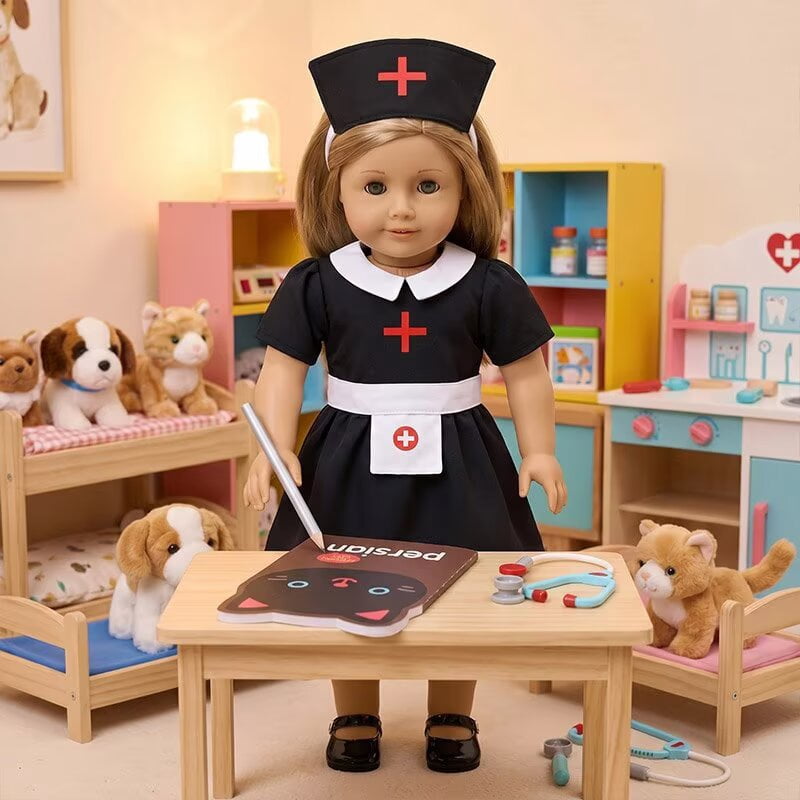 AlevRam 18 Inch Doll Clothes Black Pink Nurse Dress Bundle with Bear Notebook and White Bag (Doll No