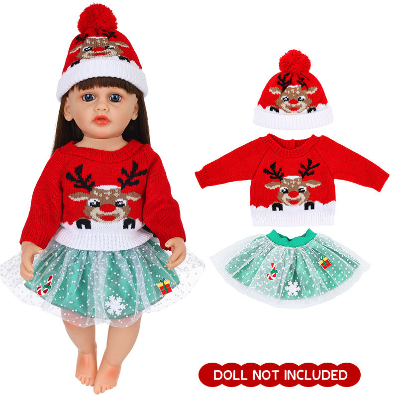 AmaMary 22 inch Reborn Doll Christmas Outfit, Red Reindeer Sweater Green Skirt and Hat Holiday Gift Set