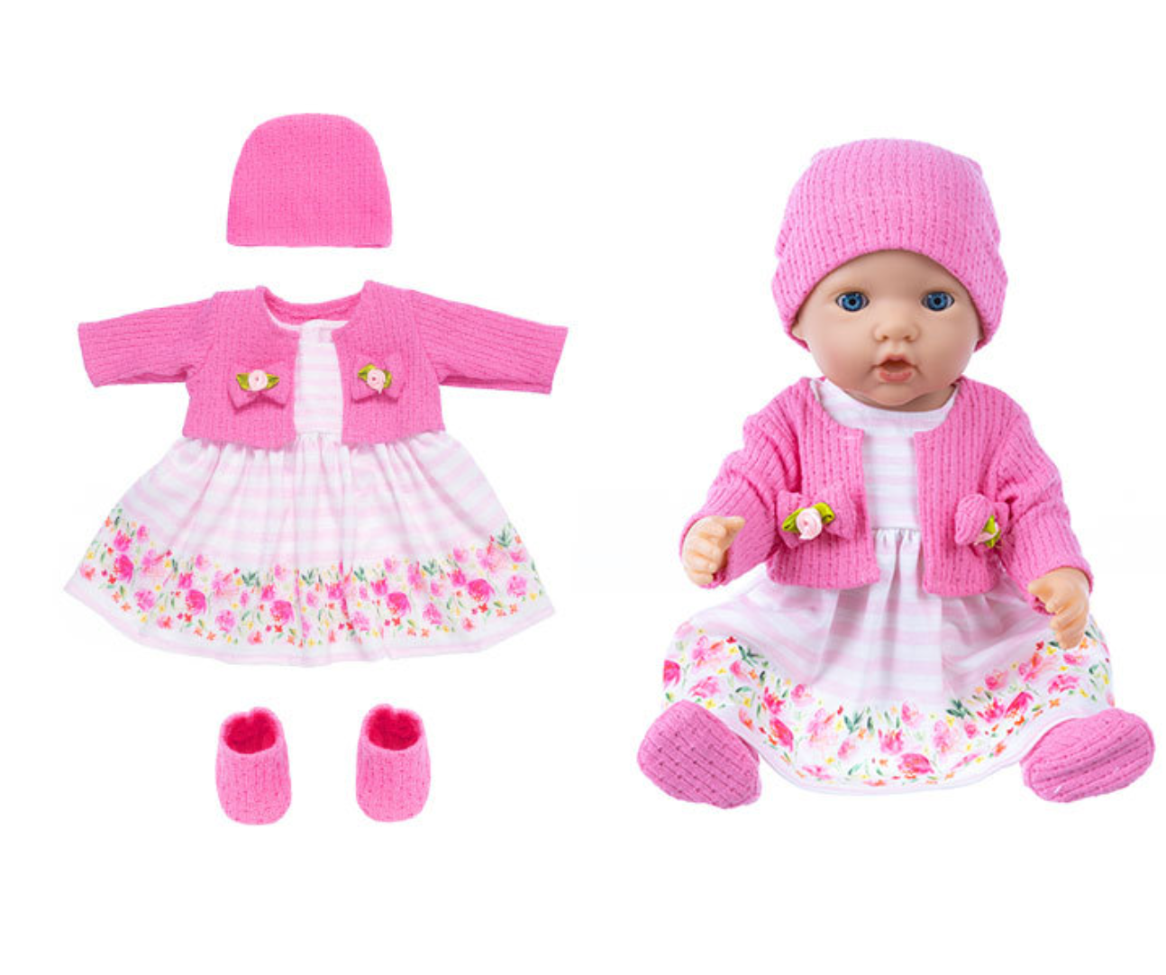 AmaMary Rose Cardigan Pink Stripe Floral Dress for 16-18 inch Dolls, Stylish and Safe Outfit