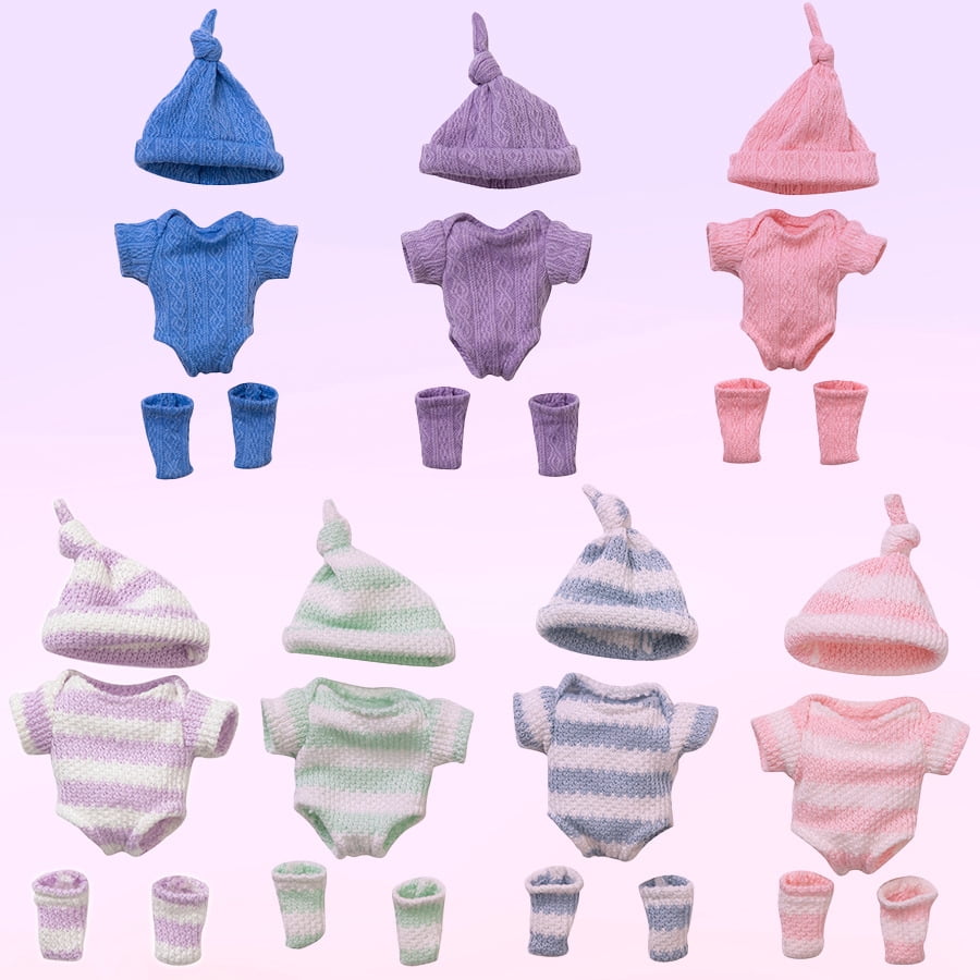 AlevRam 7 inch Knit Doll Clothes 3 Pack Color Random, Onesie Outfit Set with Hat No-Button Bodysuit