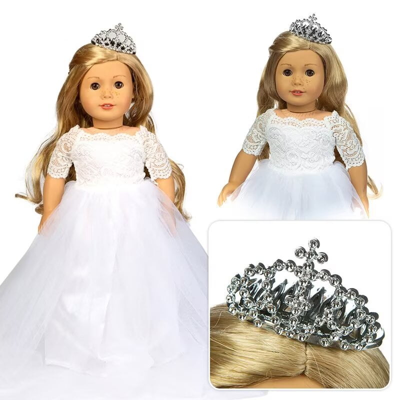 AlevRam 1 Pcs 18 inch Doll Wedding Dress with Headband 18 inch Doll Dress White Mesh Lace Princess D