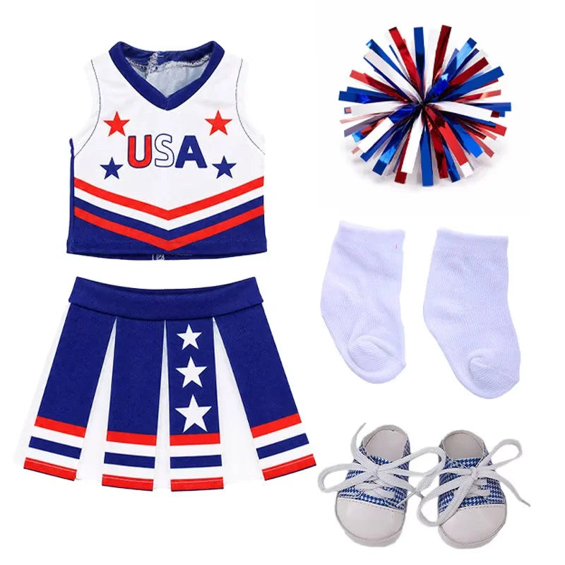 AlevRam 18 Inch Doll Clothes Red Cheerleading Outfit Set Top Skirt Pom Poms Socks Shoes (Doll Not Included)