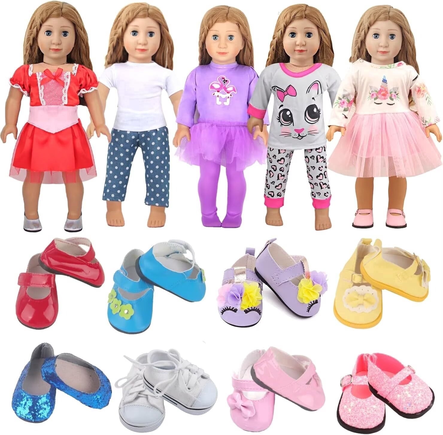 AlevRam 18 inch Doll Clothes Set 5 Outfits 2 Random Shoes Fits 18 inch Dolls, Doll Dresses Pajamas T