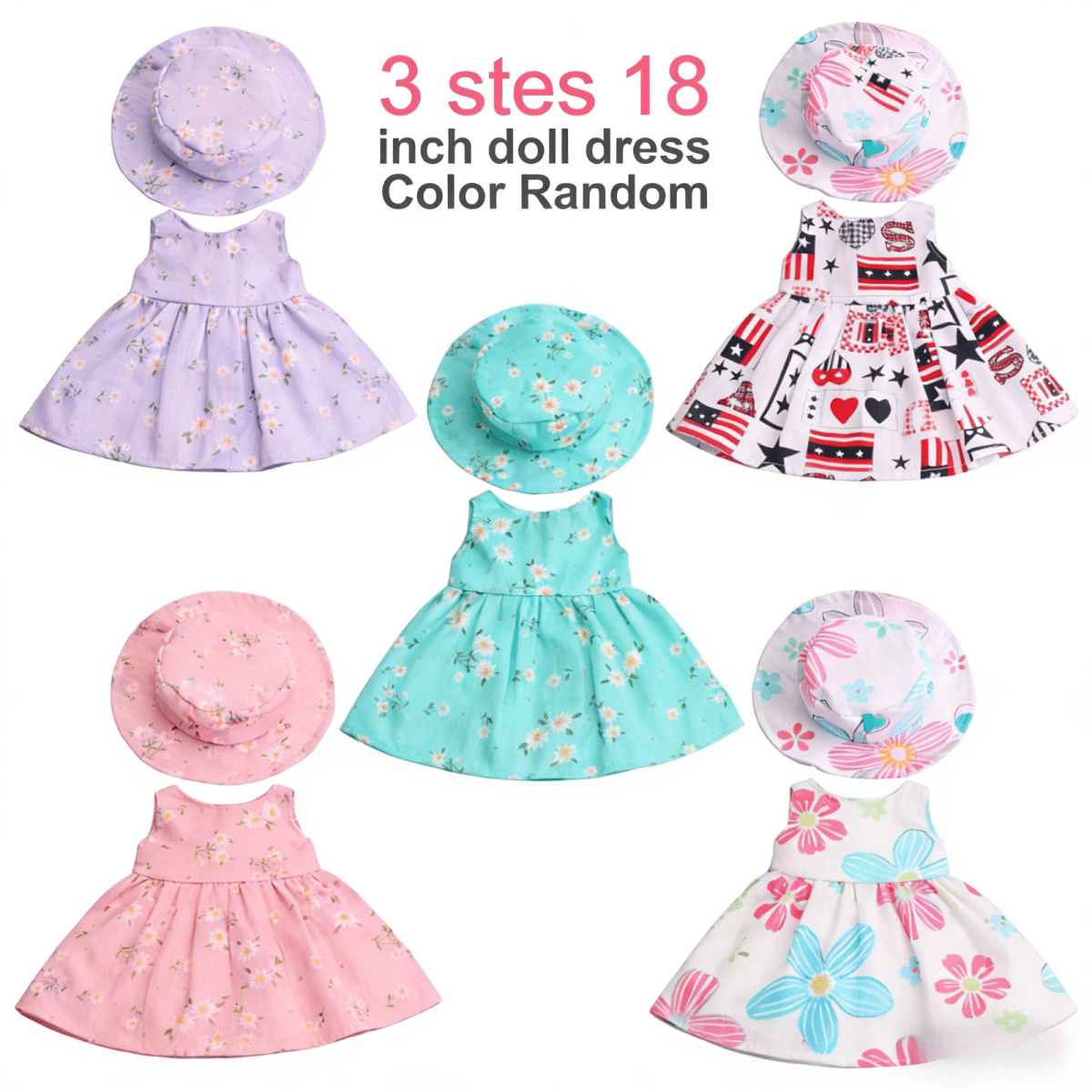 AlevRam 3 Pack 18 inch Doll Summer Dress with Hat, Floral Printed Doll Clothes Outfit Set for 18 inc