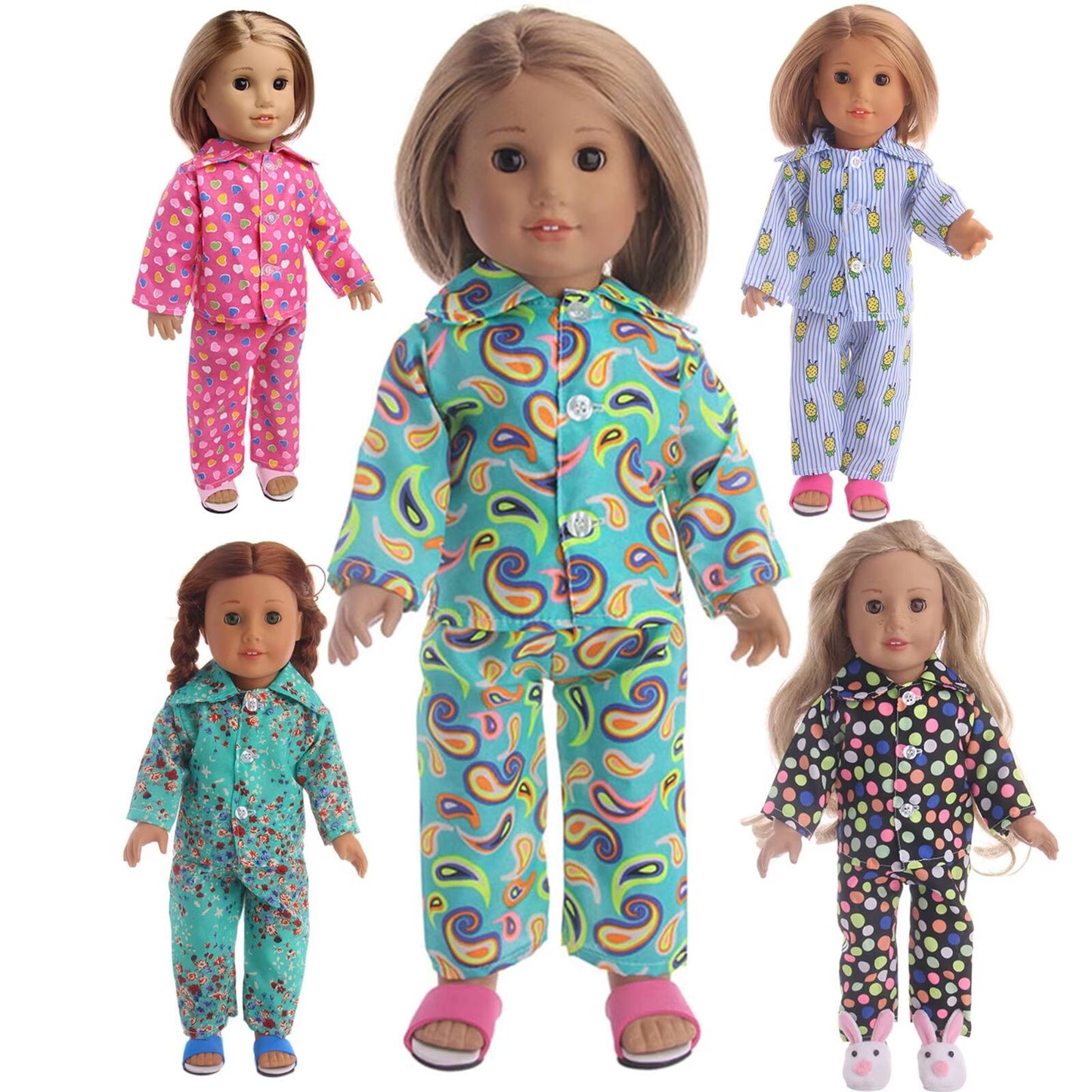 AlevRam 5 Sets 18 inch Doll Pajamas Set, Long Sleeve Collar Top and Pants Outfit, Colorful Printed S