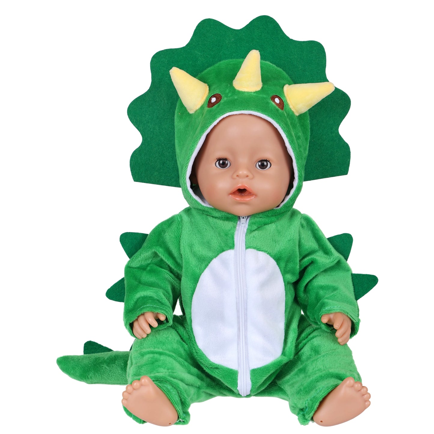 AmaMary 18 Inch Doll Clothes Plush Green Dinosaur Costume Outfit – Soft Hooded Onesie Dress Up / Party / Holiday Outfit Fits Most 18” Dolls Gift for Kids