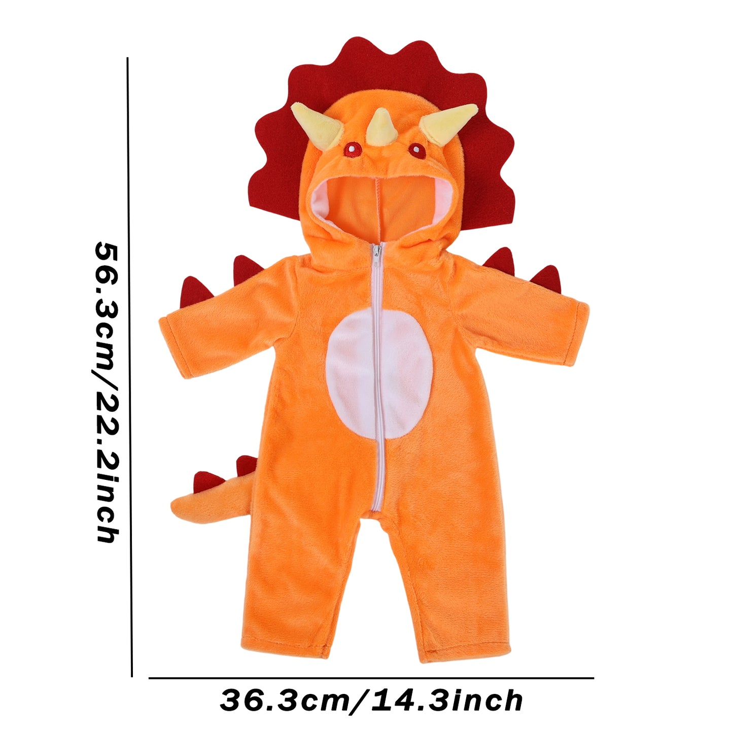 AmaMary 18 Inch Doll Clothes Plush Orange Dinosaur Costume Outfit – Soft Hooded Onesie Dress Up / Party / Holiday Outfit Fits Most 18” Dolls Gift for Kids