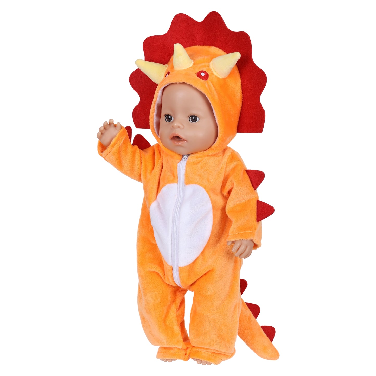 AmaMary 18 Inch Doll Clothes Plush Orange Dinosaur Costume Outfit – Soft Hooded Onesie Dress Up / Party / Holiday Outfit Fits Most 18” Dolls Gift for Kids