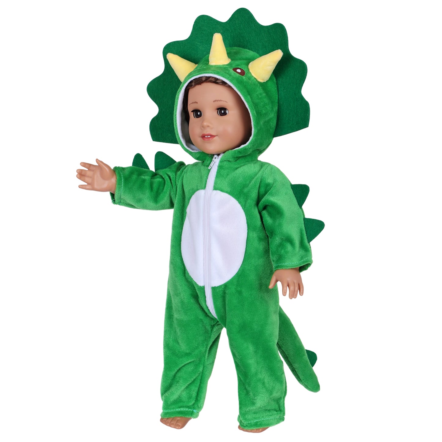 AmaMary 18 Inch Doll Clothes Plush Green Dinosaur Costume Outfit – Soft Hooded Onesie Dress Up / Party / Holiday Outfit Fits Most 18” Dolls Gift for Kids