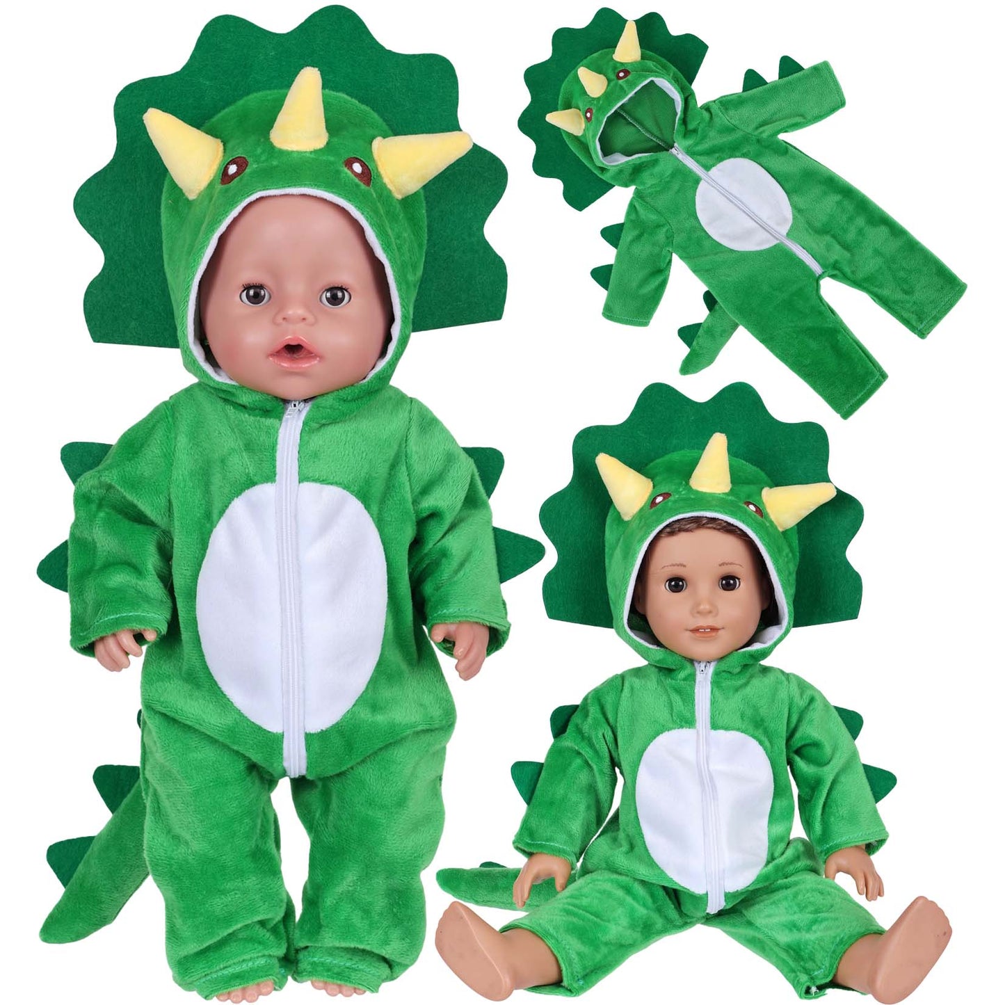 AmaMary 18 Inch Doll Clothes Plush Green Dinosaur Costume Outfit – Soft Hooded Onesie Dress Up / Party / Holiday Outfit Fits Most 18” Dolls Gift for Kids