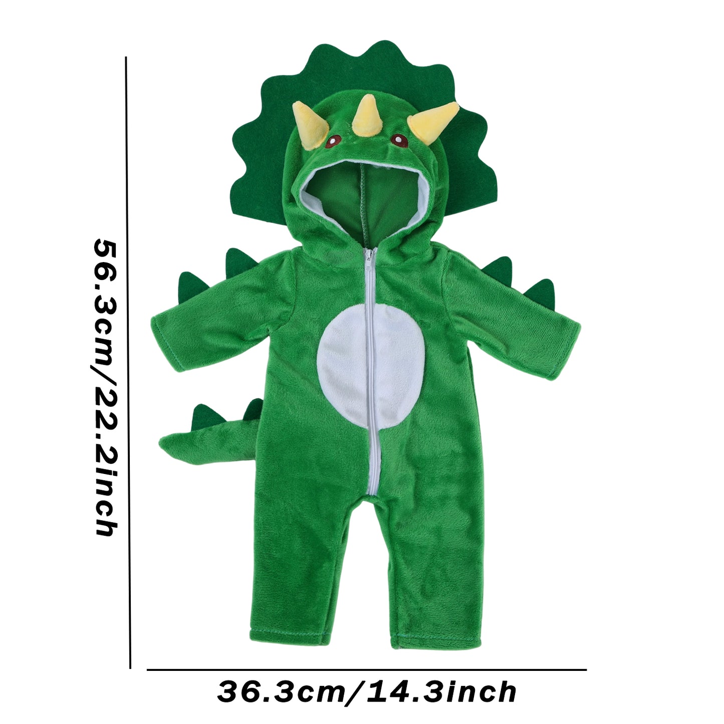 AmaMary 18 Inch Doll Clothes Plush Green Dinosaur Costume Outfit – Soft Hooded Onesie Dress Up / Party / Holiday Outfit Fits Most 18” Dolls Gift for Kids