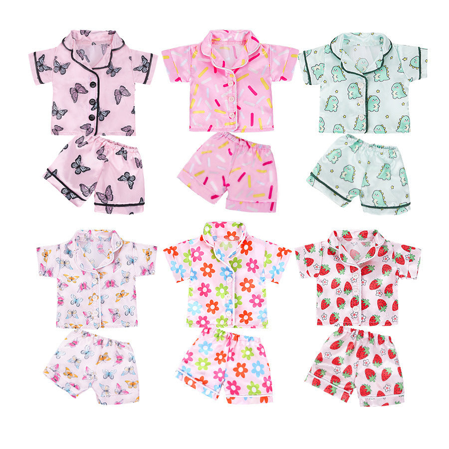 AlevRam 6 Sets 16-18 inch Doll Pajamas Summer Sleepwear Outfit, Short Sleeve Tops and Shorts with Heart Dinosaur Butterfly Flower Strawberry Prints, Random Colors and Styles