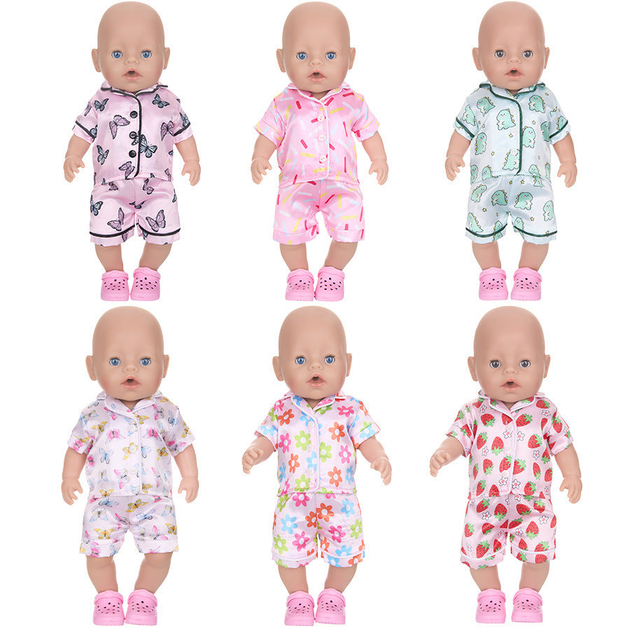 AlevRam 6 Sets 16-18 inch Doll Pajamas Summer Sleepwear Outfit, Short Sleeve Tops and Shorts with Heart Dinosaur Butterfly Flower Strawberry Prints, Random Colors and Styles