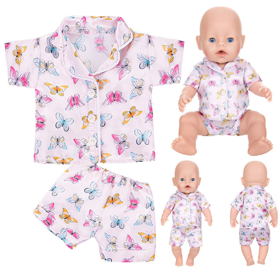 AlevRam 6 Sets 16-18 inch Doll Pajamas Summer Sleepwear Outfit, Short Sleeve Tops and Shorts with Heart Dinosaur Butterfly Flower Strawberry Prints, Random Colors and Styles