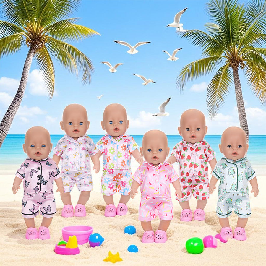 AlevRam 6 Sets 16-18 inch Doll Pajamas Summer Sleepwear Outfit, Short Sleeve Tops and Shorts with Heart Dinosaur Butterfly Flower Strawberry Prints, Random Colors and Styles