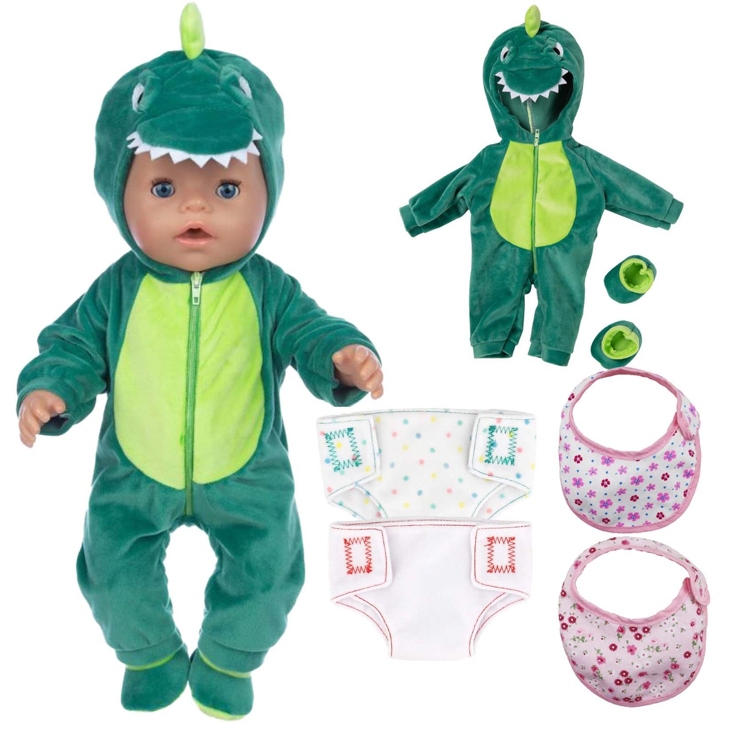 AmaMary 18-inch Reborn Doll Clothes Set, Green Dinosaur Plush Onesie for 16-18 Inch Dolls, Includes Onesie, Socks, Bibs & Diapers, Adorable Gift for Kids