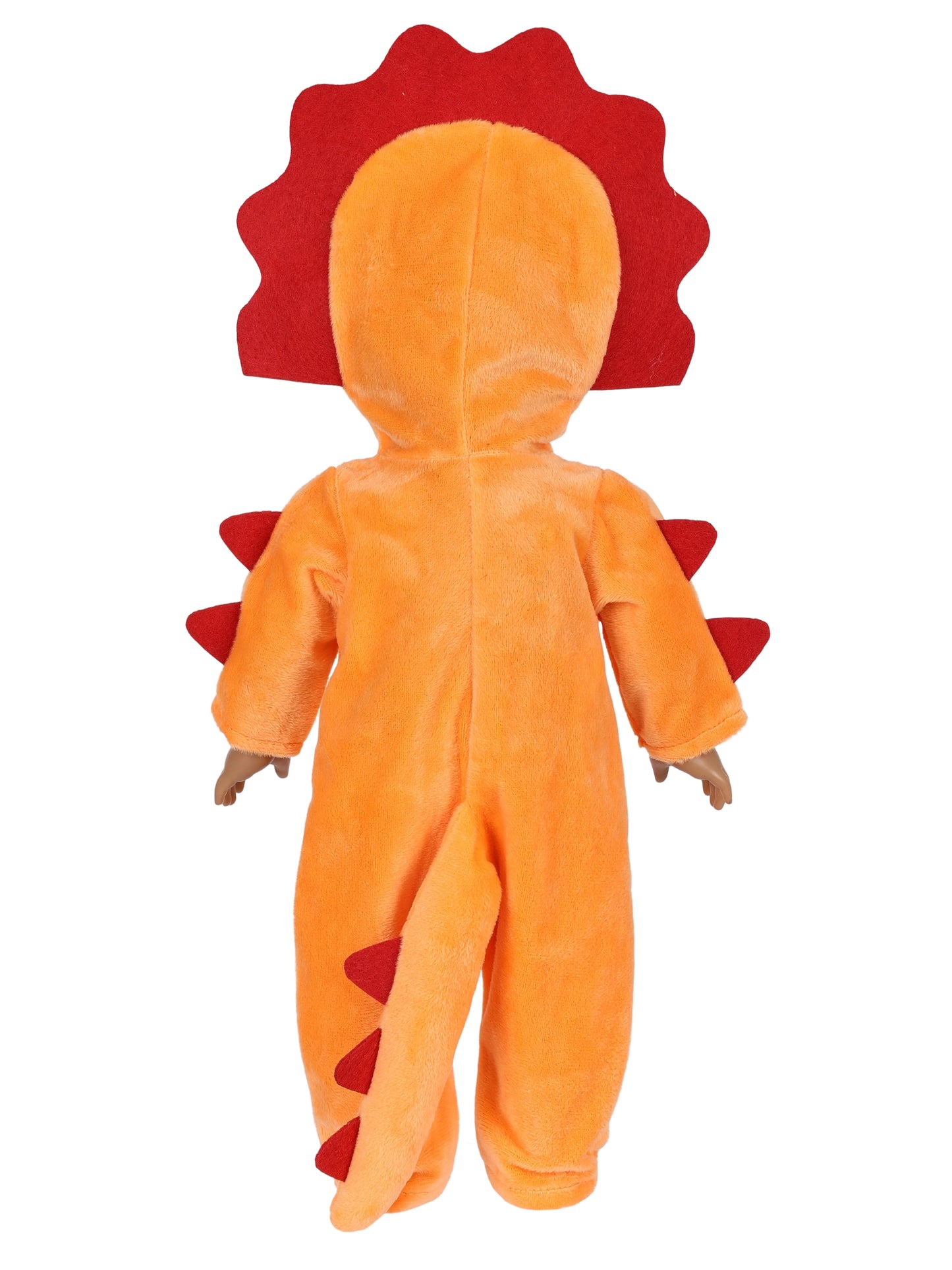 AmaMary 18 Inch Doll Clothes Plush Orange Dinosaur Costume Outfit – Soft Hooded Onesie Dress Up / Party / Holiday Outfit Fits Most 18” Dolls Gift for Kids