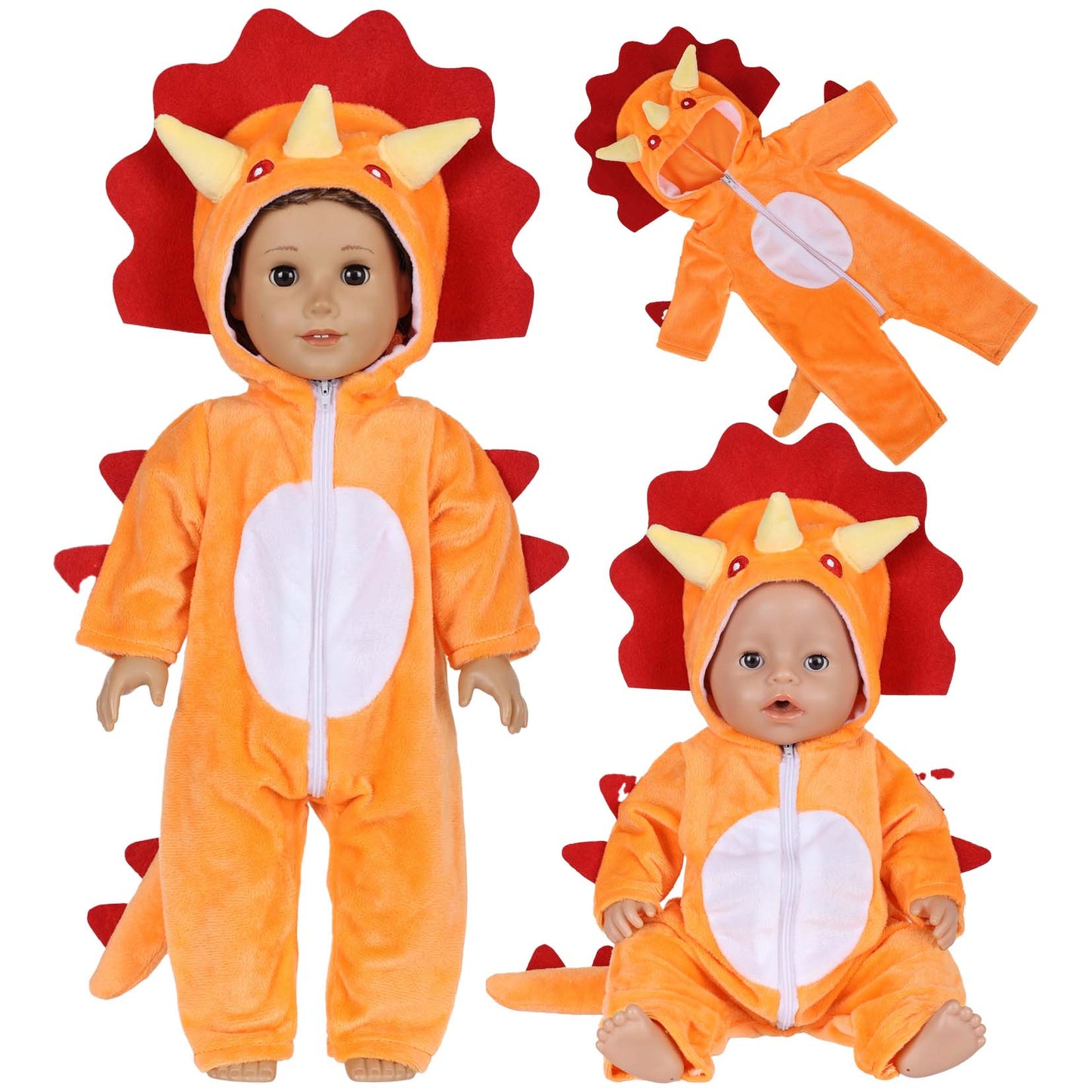 AmaMary 18 Inch Doll Clothes Plush Orange Dinosaur Costume Outfit – Soft Hooded Onesie Dress Up / Party / Holiday Outfit Fits Most 18” Dolls Gift for Kids