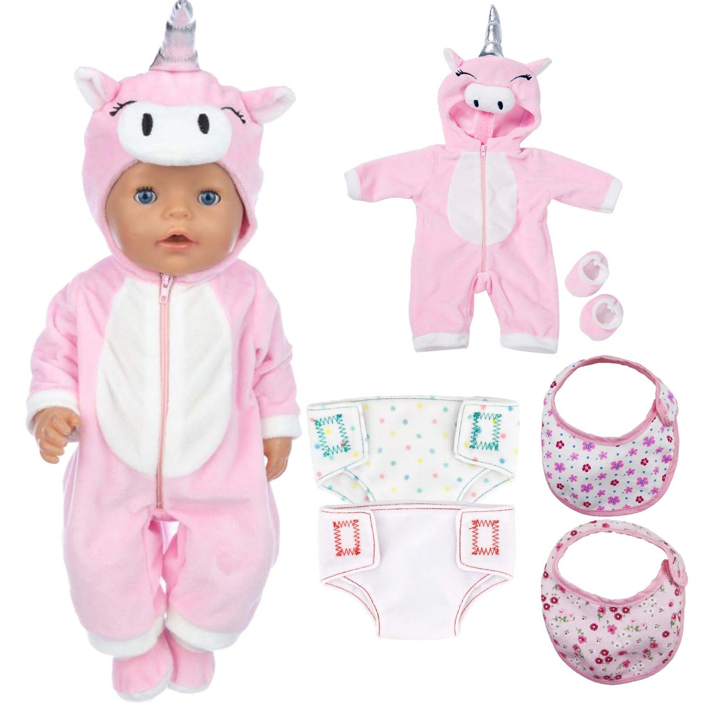 AmaMary 18-inch Reborn Doll Clothes Set, Pink Unicorn Plush Onesie for 16-18 Inch Dolls, Includes Onesie, Socks, Bibs & Diapers, Perfect Gift for Girls’ Birthdays and Holidays