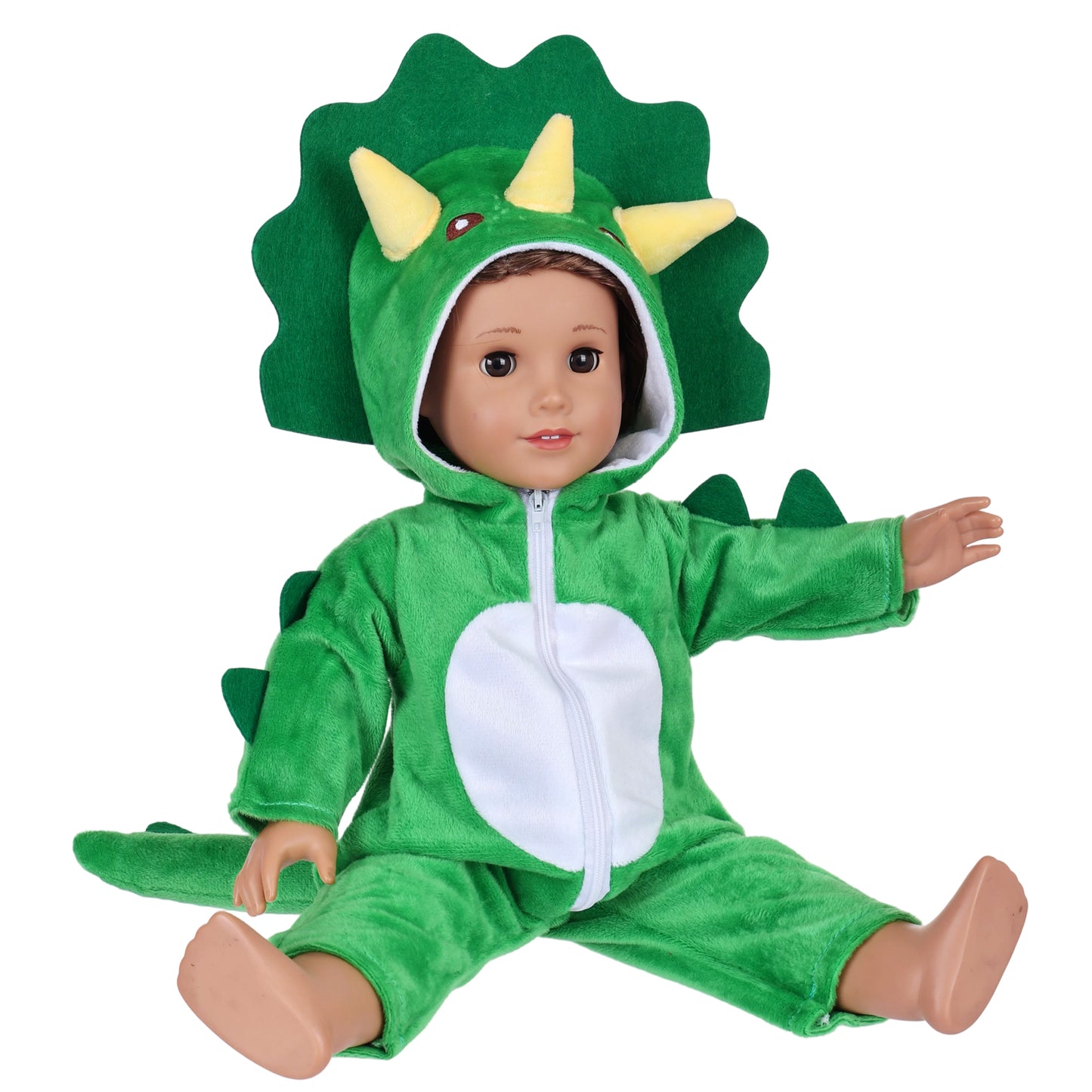 AmaMary 18 Inch Doll Clothes Plush Green Dinosaur Costume Outfit – Soft Hooded Onesie Dress Up / Party / Holiday Outfit Fits Most 18” Dolls Gift for Kids