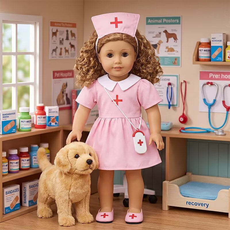 AlevRam 18 Inch Doll Clothes Black Pink Nurse Dress Bundle with Bear Notebook and White Bag (Doll No