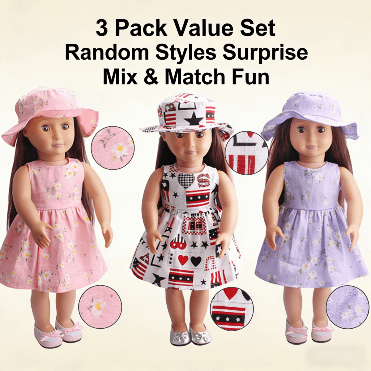 AlevRam 3 Pack 18 inch Doll Summer Dress with Hat, Floral Printed Doll Clothes Outfit Set for 18 inc