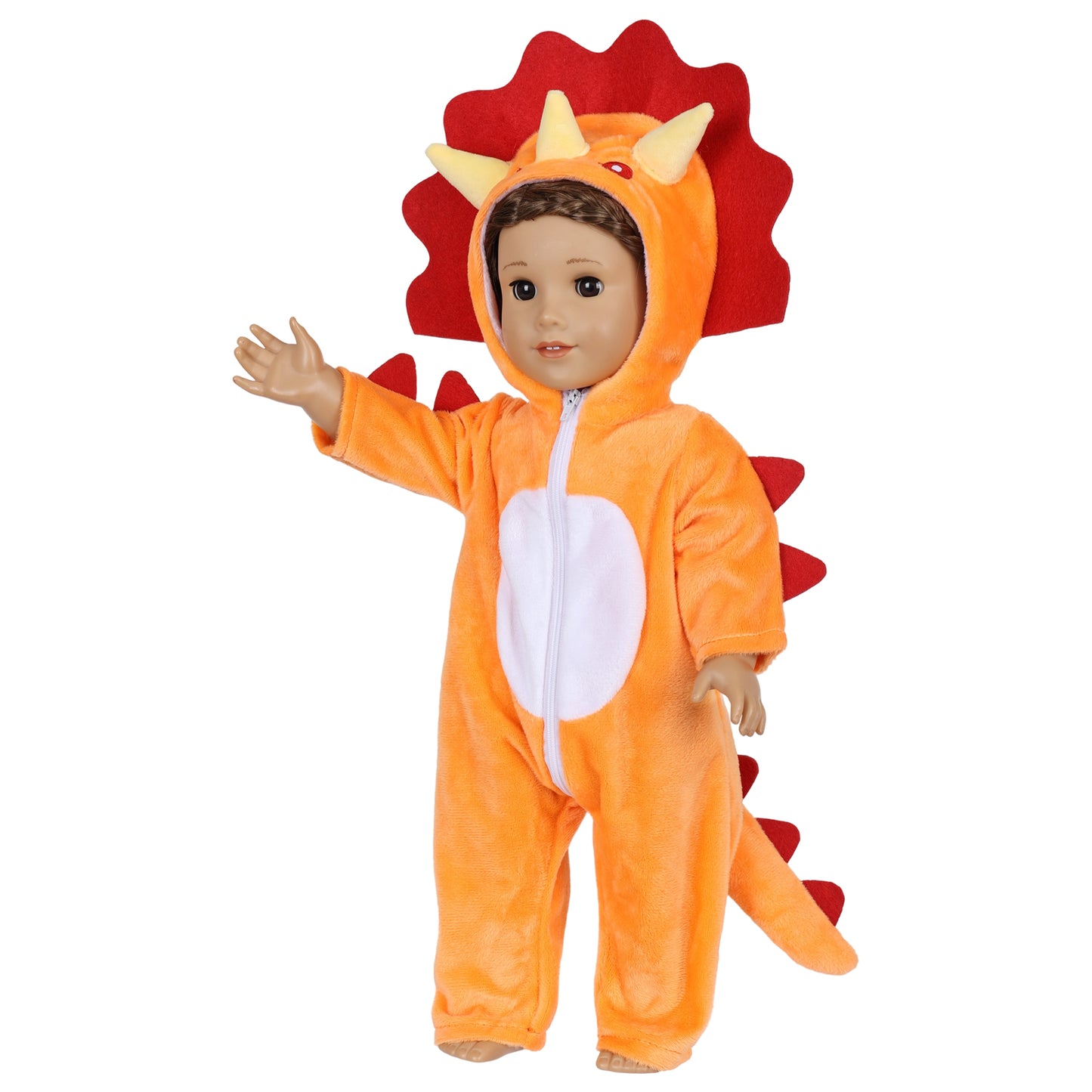 AmaMary 18 Inch Doll Clothes Plush Orange Dinosaur Costume Outfit – Soft Hooded Onesie Dress Up / Party / Holiday Outfit Fits Most 18” Dolls Gift for Kids