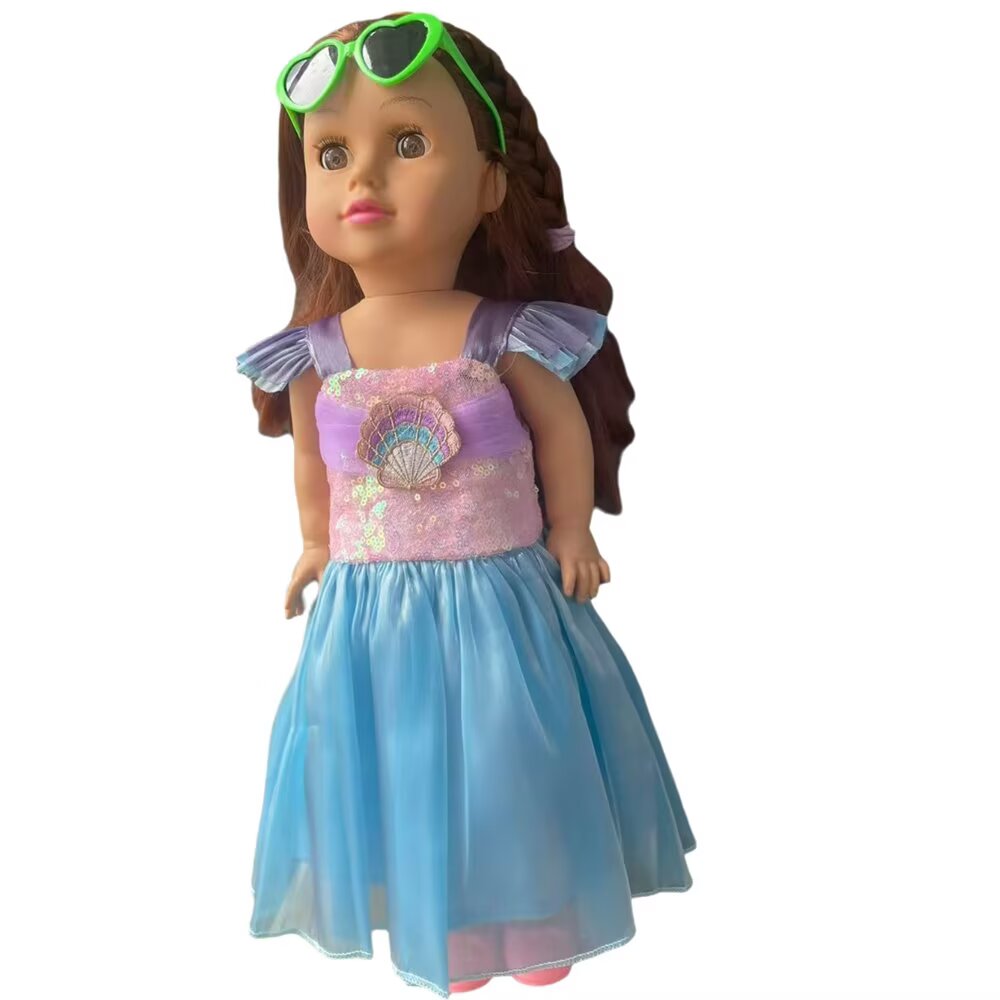 AlevRam 18 Inch Doll Shell Hemed Mesh Princess Sequin Bling Bling Doll Dress with Sunglasses and sho