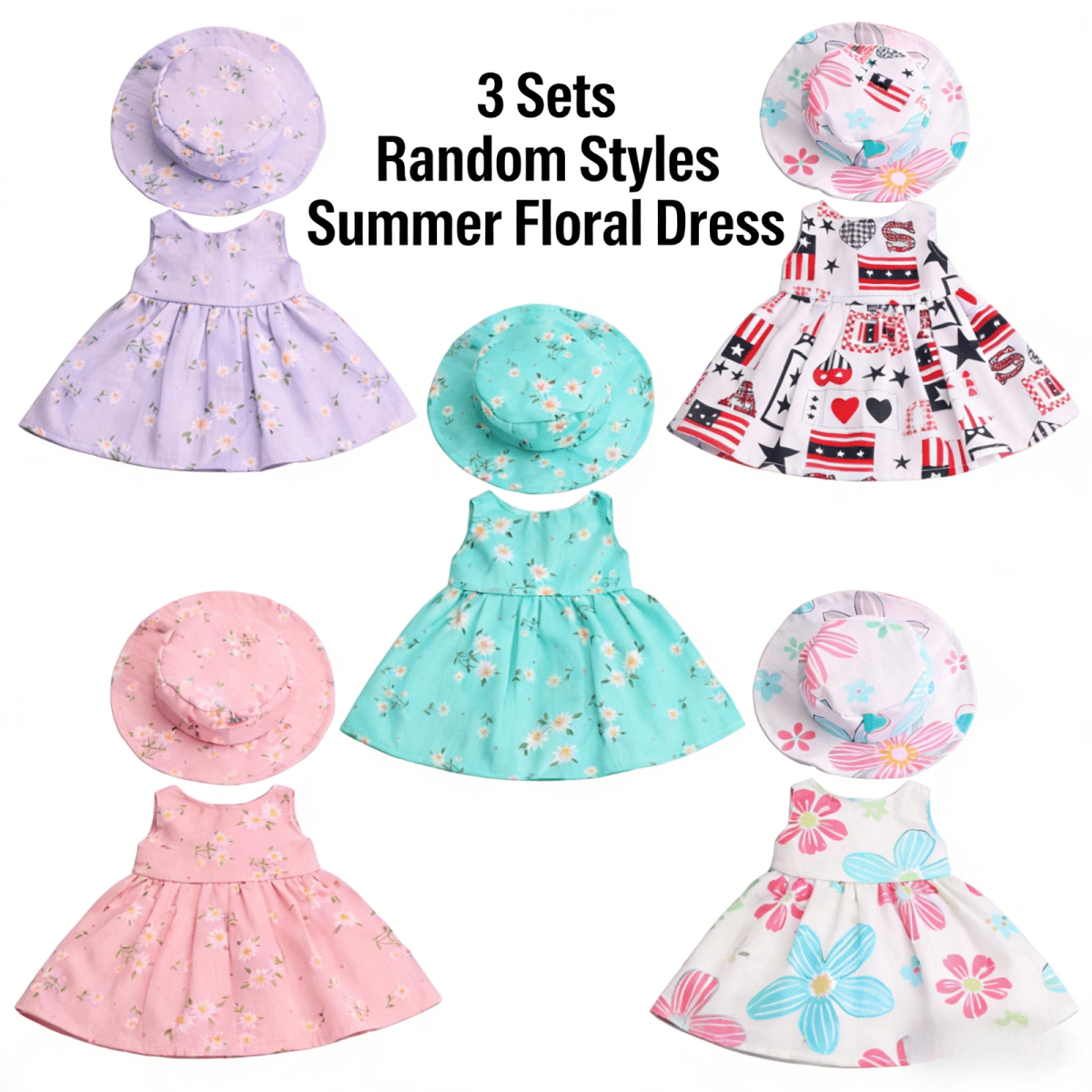 AlevRam 3 Pack 18 inch Doll Summer Dress with Hat, Floral Printed Doll Clothes Outfit Set for 18 inc