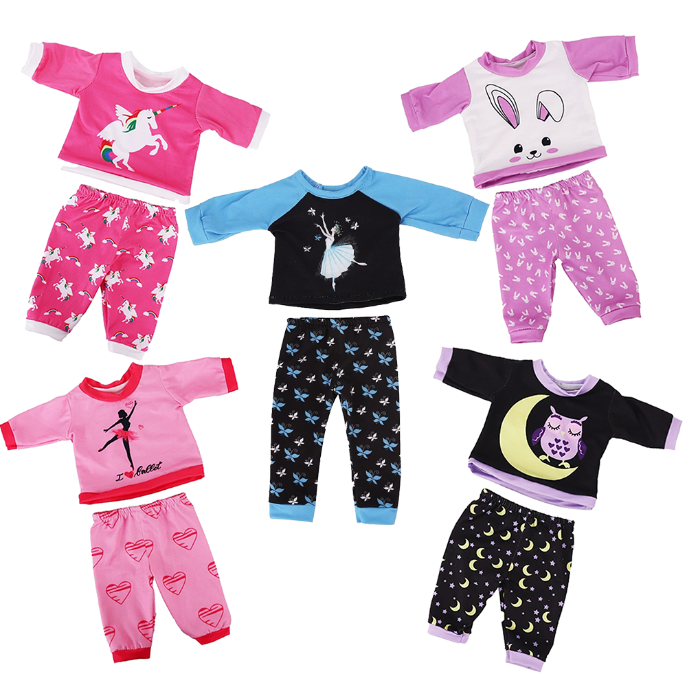 AmaMary Baby Doll Pajamas Set, 5 Pieces, Fits 16-18 Inch Dolls, Soft Feel with Cute Prints