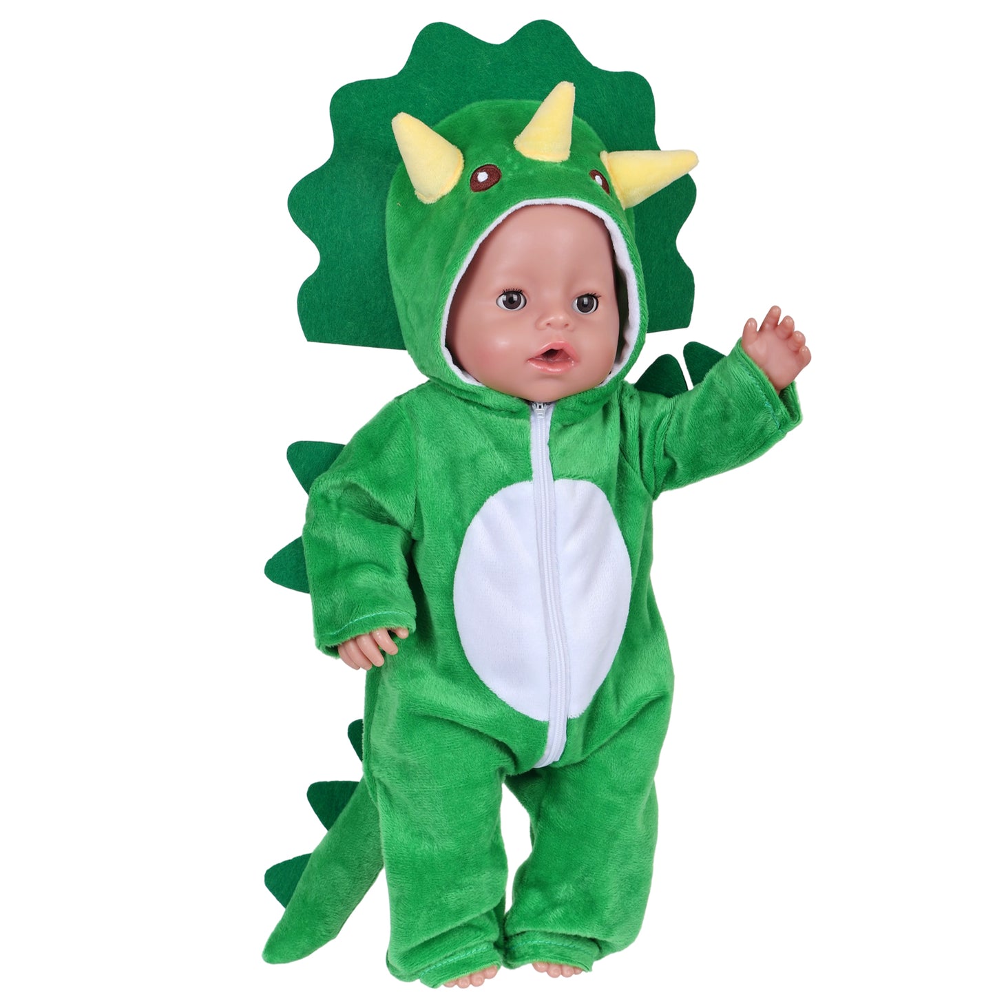 AmaMary 18 Inch Doll Clothes Plush Green Dinosaur Costume Outfit – Soft Hooded Onesie Dress Up / Party / Holiday Outfit Fits Most 18” Dolls Gift for Kids