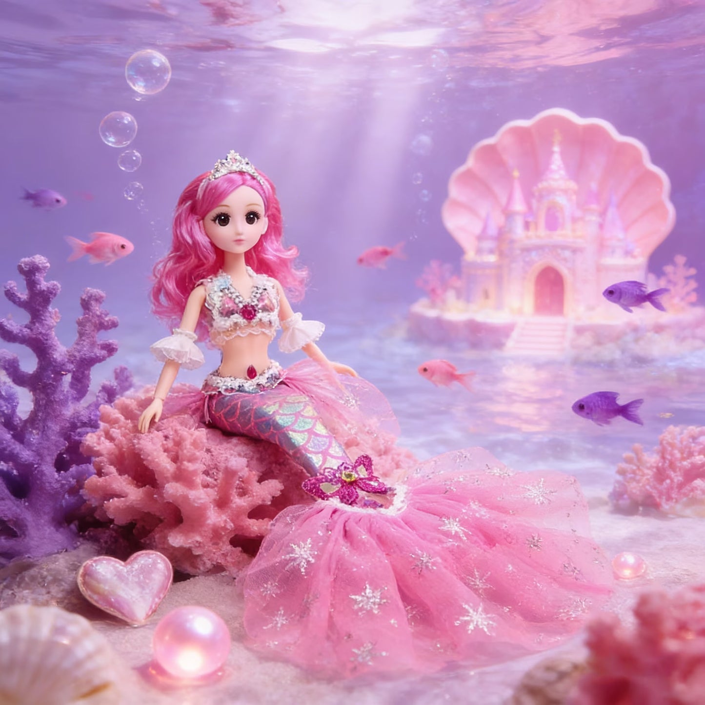 AmaMary 12 Inch Mermaid Princess Doll – Colorful Fashion Removable Outfit with Long Wavy Curly Hair – Poseable Mermaid Toy with 11 Joints – Gift for Girls Birthday, Holiday or Christmas