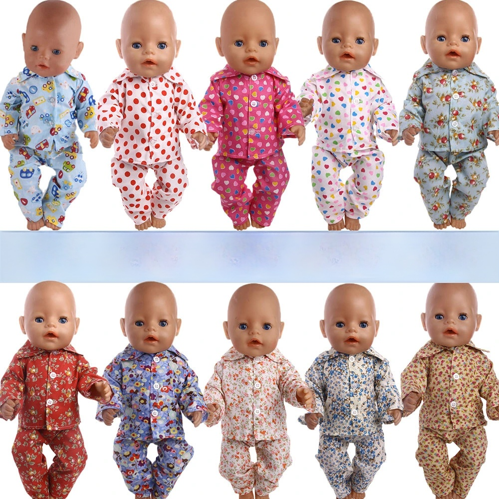 AlevRam 5 Sets 18 inch Doll Pajamas Set, Long Sleeve Collar Top and Pants Outfit, Colorful Printed S