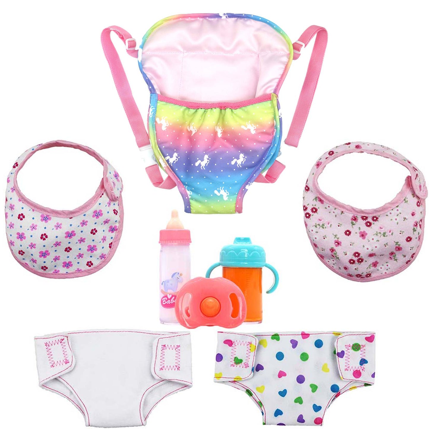 AmaMary 8 Pcs Baby Doll Carrier and Accessories with Nappy Bib Bottle Pacifier for Dolls 16-18 Inches