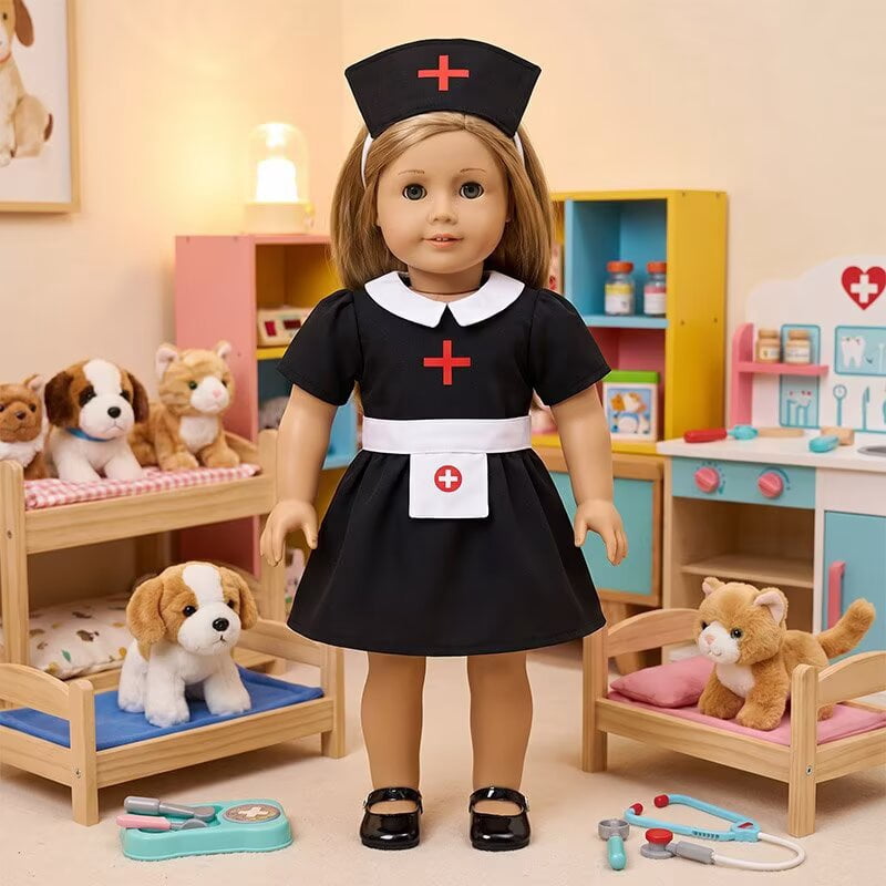 AlevRam 18 Inch Doll Clothes Black Pink Nurse Dress Bundle with Bear Notebook and White Bag (Doll No