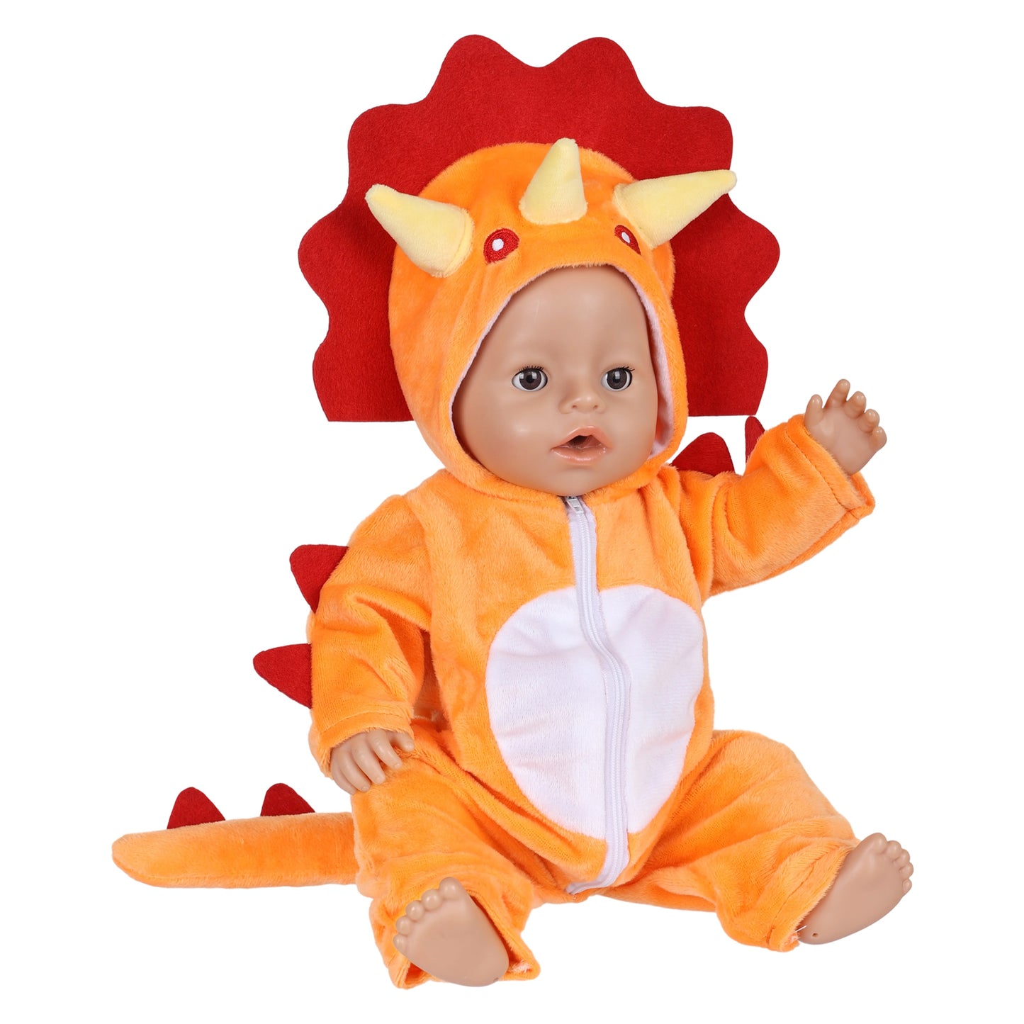 AmaMary 18 Inch Doll Clothes Plush Orange Dinosaur Costume Outfit – Soft Hooded Onesie Dress Up / Party / Holiday Outfit Fits Most 18” Dolls Gift for Kids