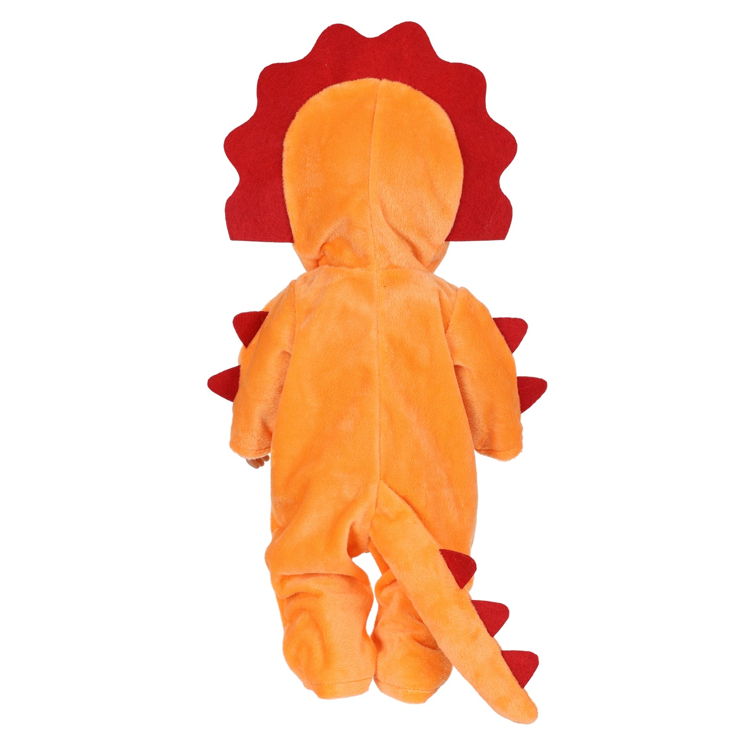 AmaMary 18 Inch Doll Clothes Plush Orange Dinosaur Costume Outfit – Soft Hooded Onesie Dress Up / Party / Holiday Outfit Fits Most 18” Dolls Gift for Kids