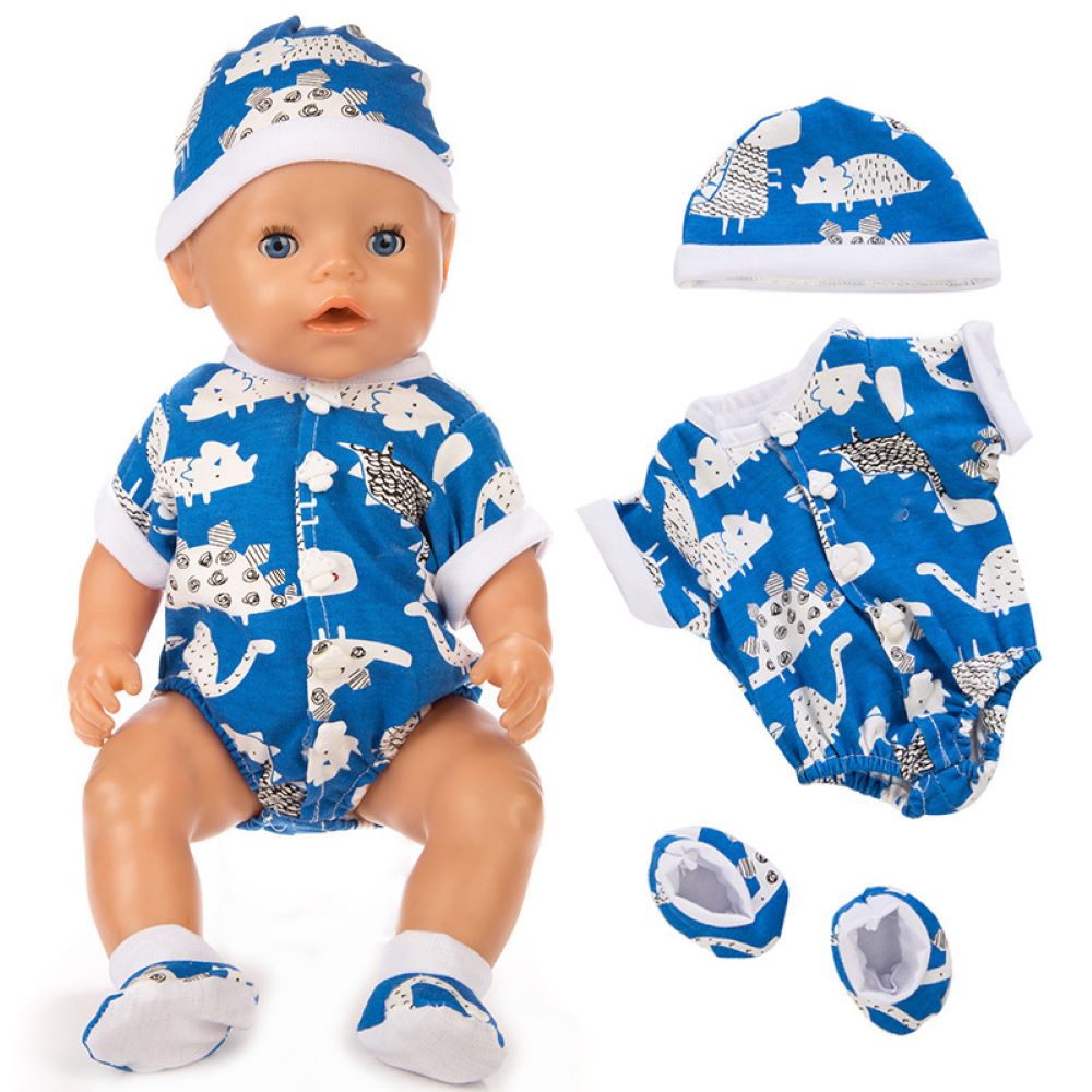 AmaMary 16-18 Inch Reborn Doll Clothes Blue Dinosaur Bodysuit Set - Soft Cotton Outfit