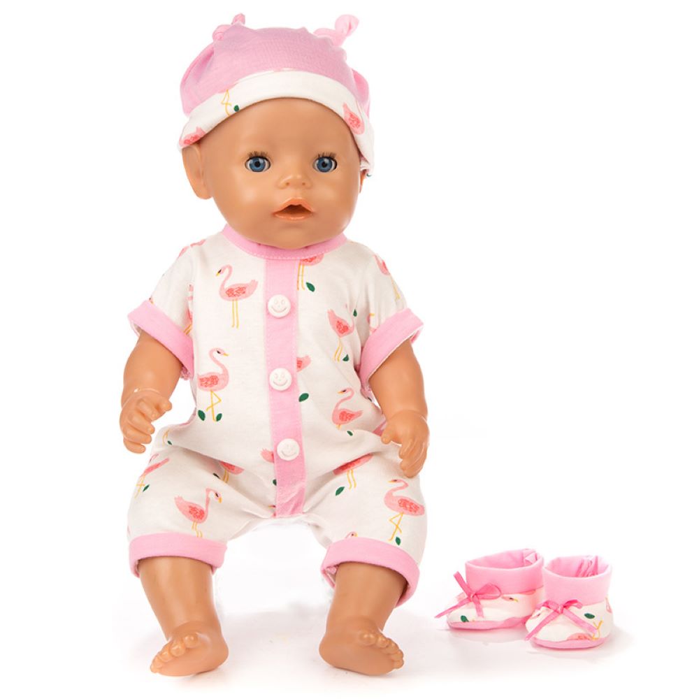 AmaMary Doll Clothing Set Pink Bird Cotton Bodysuit with Hat and Socks, Fits 16–18 inch Reborn Dolls