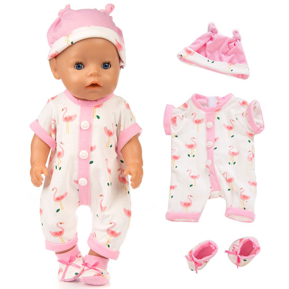 AmaMary Doll Clothing Set Pink Bird Cotton Bodysuit with Hat and Socks, Fits 16–18 inch Reborn Dolls