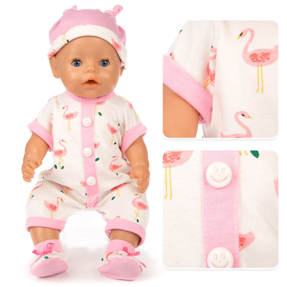 AmaMary Doll Clothing Set Pink Bird Cotton Bodysuit with Hat and Socks, Fits 16–18 inch Reborn Dolls