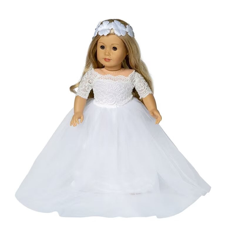 AlevRam 1 Pcs 18 inch Doll Wedding Dress with Headband 18 inch Doll Dress White Mesh Lace Princess D