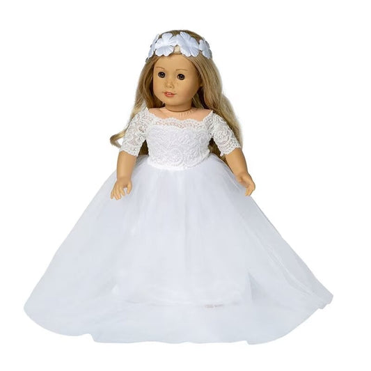 AlevRam 1 Pcs 18 inch Doll Wedding Dress with Headband 18 inch Doll Dress White Mesh Lace Princess D