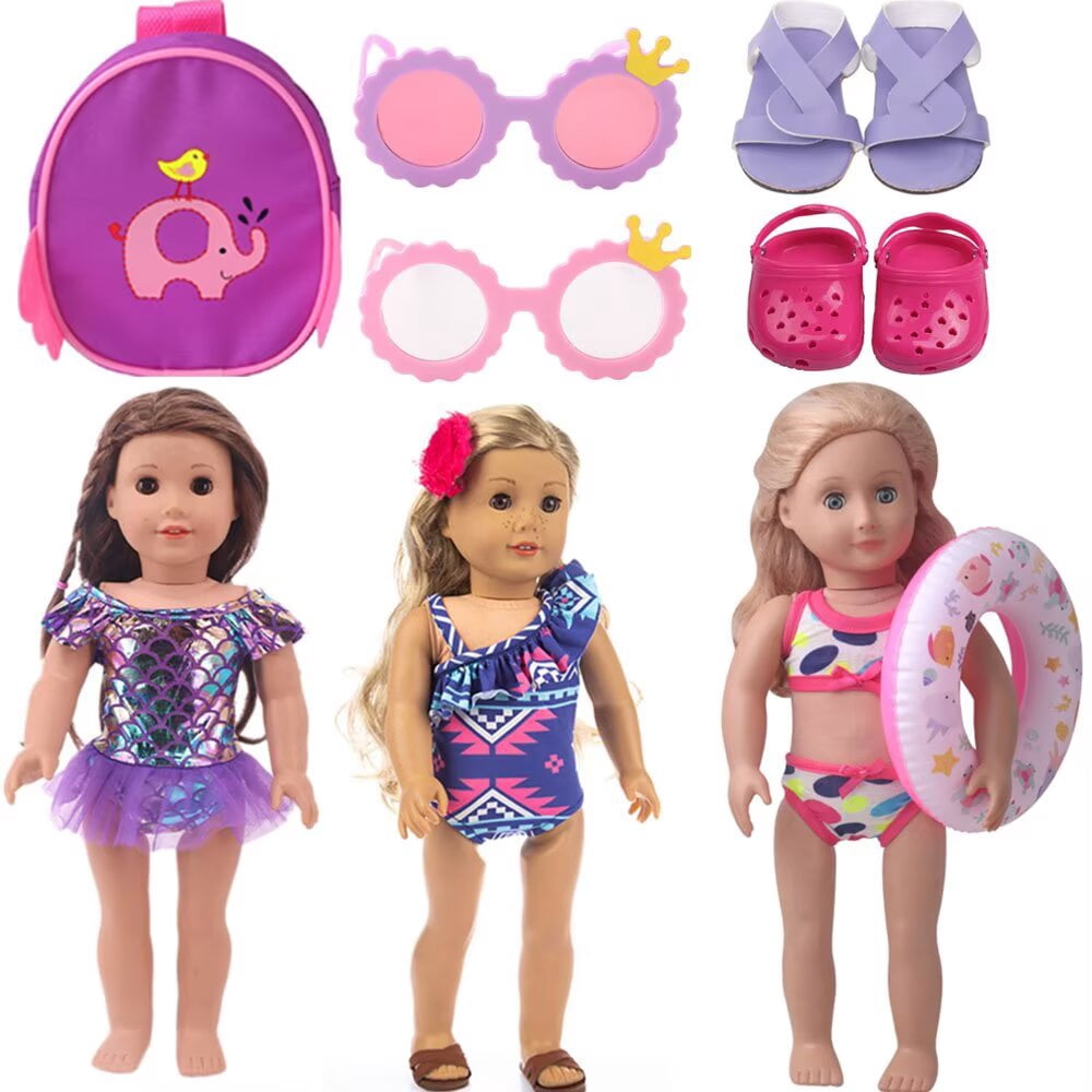 AlevRam 10 Piece 18" Doll Summer Swimwear Set with Mermaid Swimsuit, Sunglasses, Sandals, Backpack, 