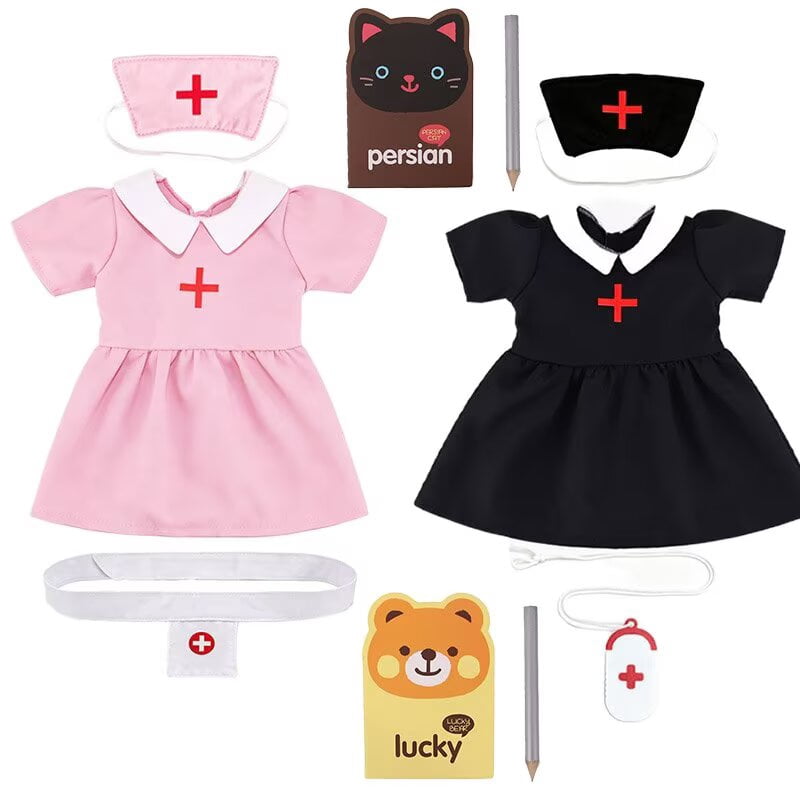 AlevRam 18 Inch Doll Clothes Black Pink Nurse Dress Bundle with Bear Notebook and White Bag (Doll No