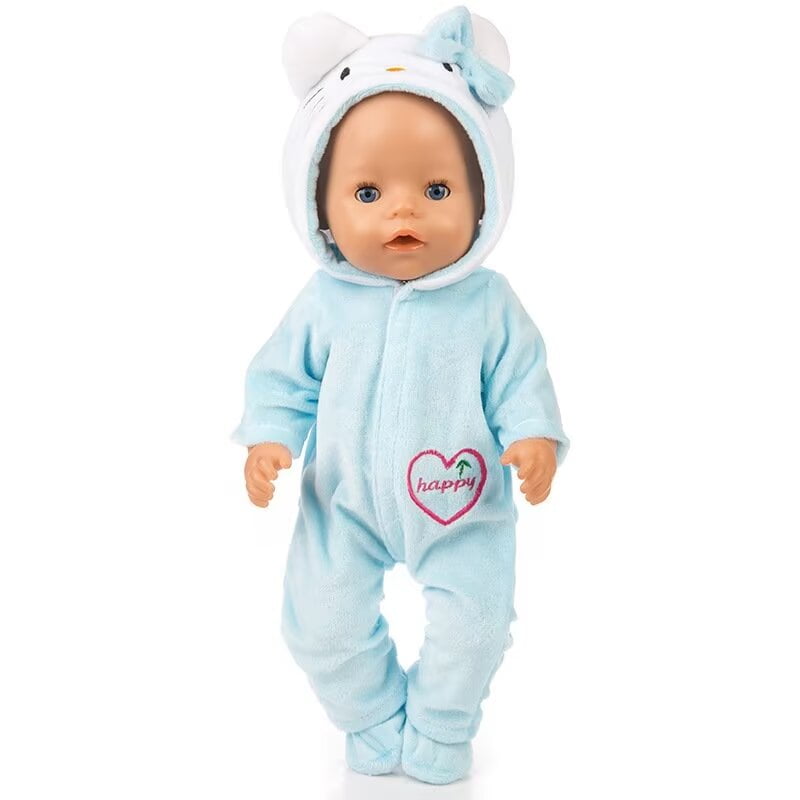 AlevRam 18 Inch Doll Clothes Cute Cat Pattern Plush Doll Jumpsuit Doll Hood One-Piece Suit with Zippers Socks Christmas Gift for Girls