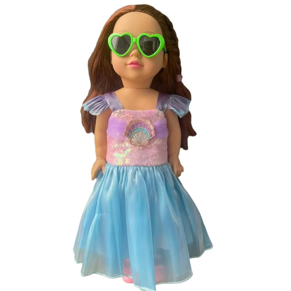 AlevRam 18 Inch Doll Shell Hemed Mesh Princess Sequin Bling Bling Doll Dress with Sunglasses and sho
