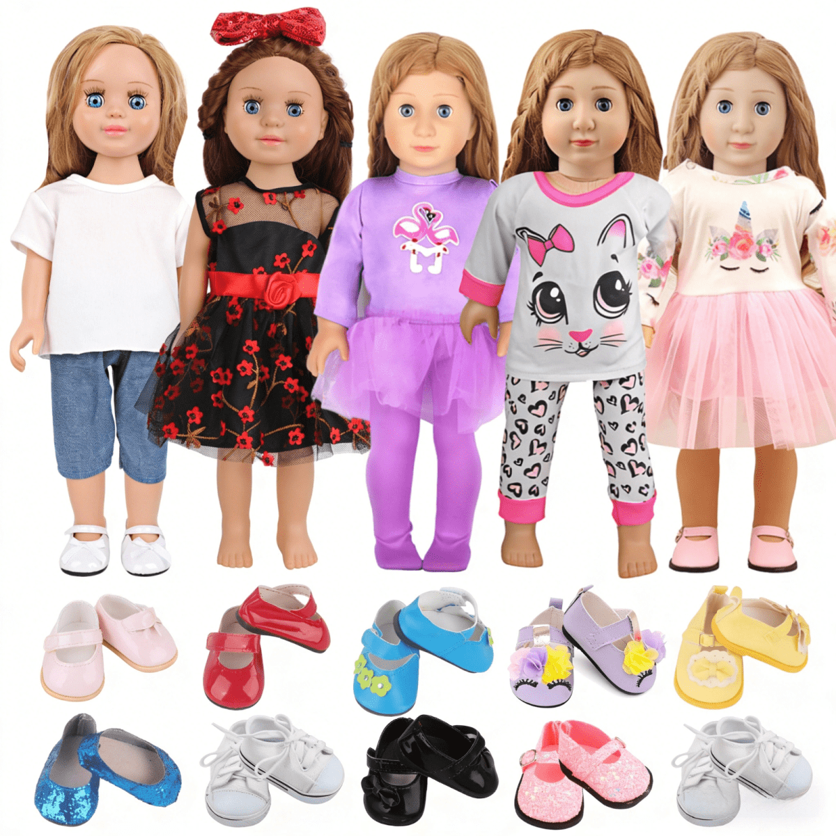 AlevRam 18 inch Doll Clothes Set 5 Outfits 2 Random Shoes Fits 18 inch Dolls, Doll Dresses Pajamas T