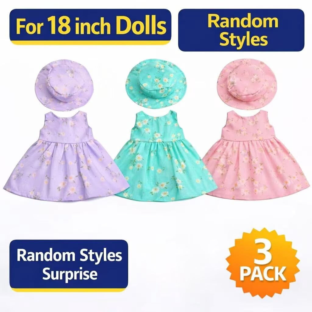 AlevRam 3 Pack 18 inch Doll Summer Dress with Hat, Floral Printed Doll Clothes Outfit Set for 18 inc