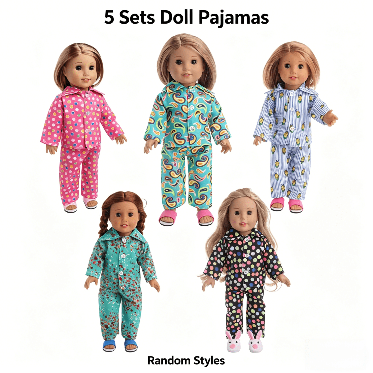 AlevRam 5 Sets 18 inch Doll Pajamas Set, Long Sleeve Collar Top and Pants Outfit, Colorful Printed S
